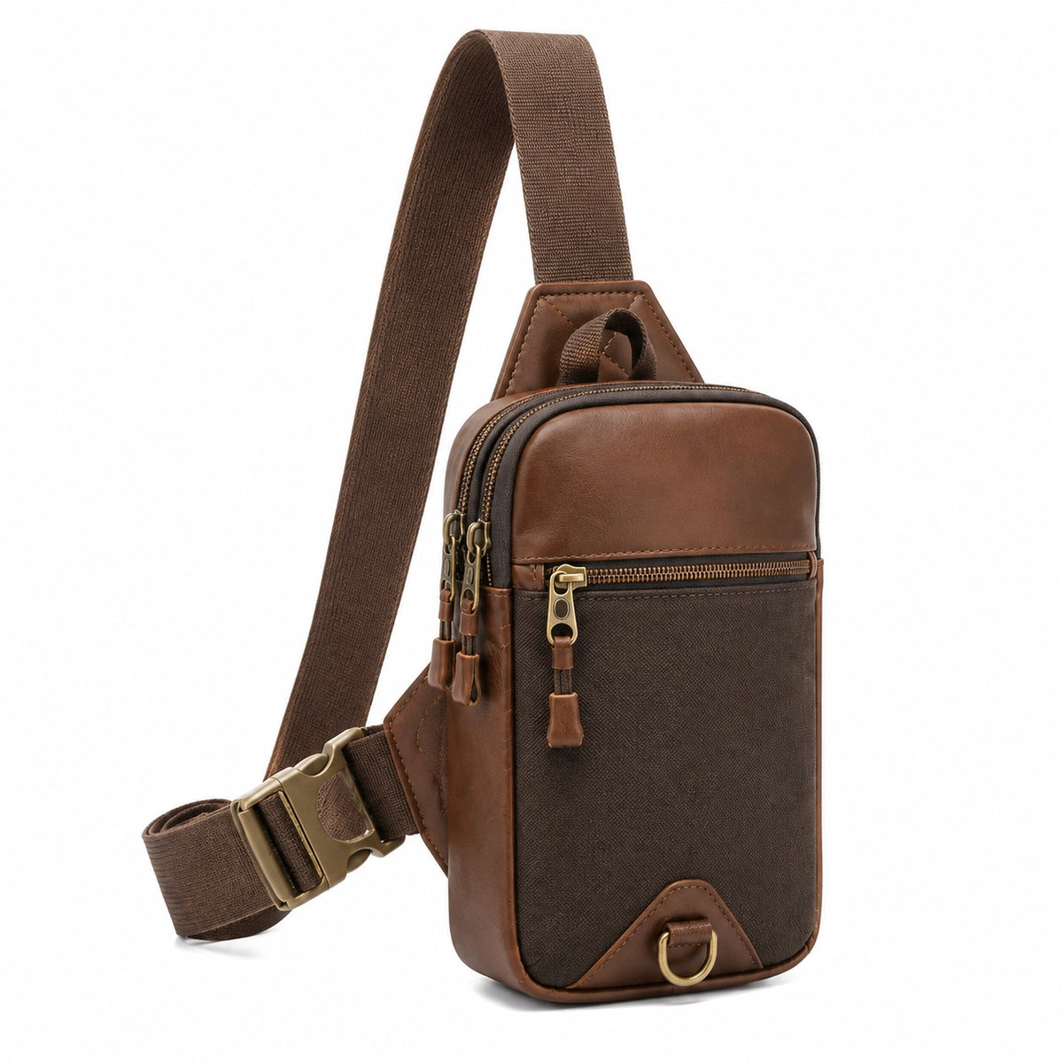 Borsa a tracolla 17 x 8 x 30 cm in similpelle e tessuto marrone con tasche zip