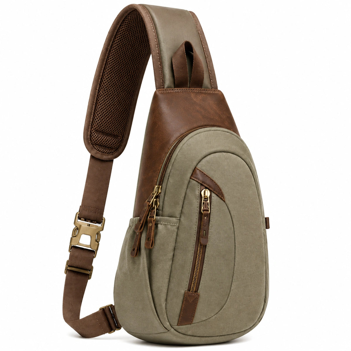 Zaino a tracolla 32 x 18 x 8 cm in tela e similpelle verde marrone con tasche zip