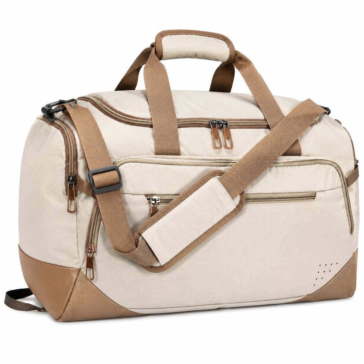 Borsone da viaggio 50 x 25 x 30 cm in tessuto crema/marrone con tracolla regolabile e tasche con zip