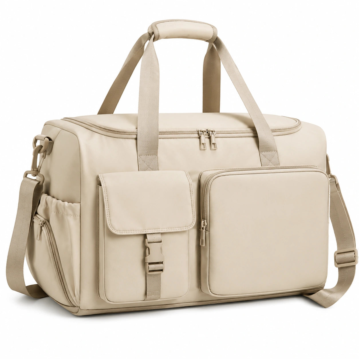 Borsone da viaggio 50 cm in poliuretano beige con tasche multiple e tracolla regolabile