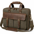Borsa porta computer 42 cm in tessuto effetto tela e similpelle verde oliva marrone stile vintage con tracolla