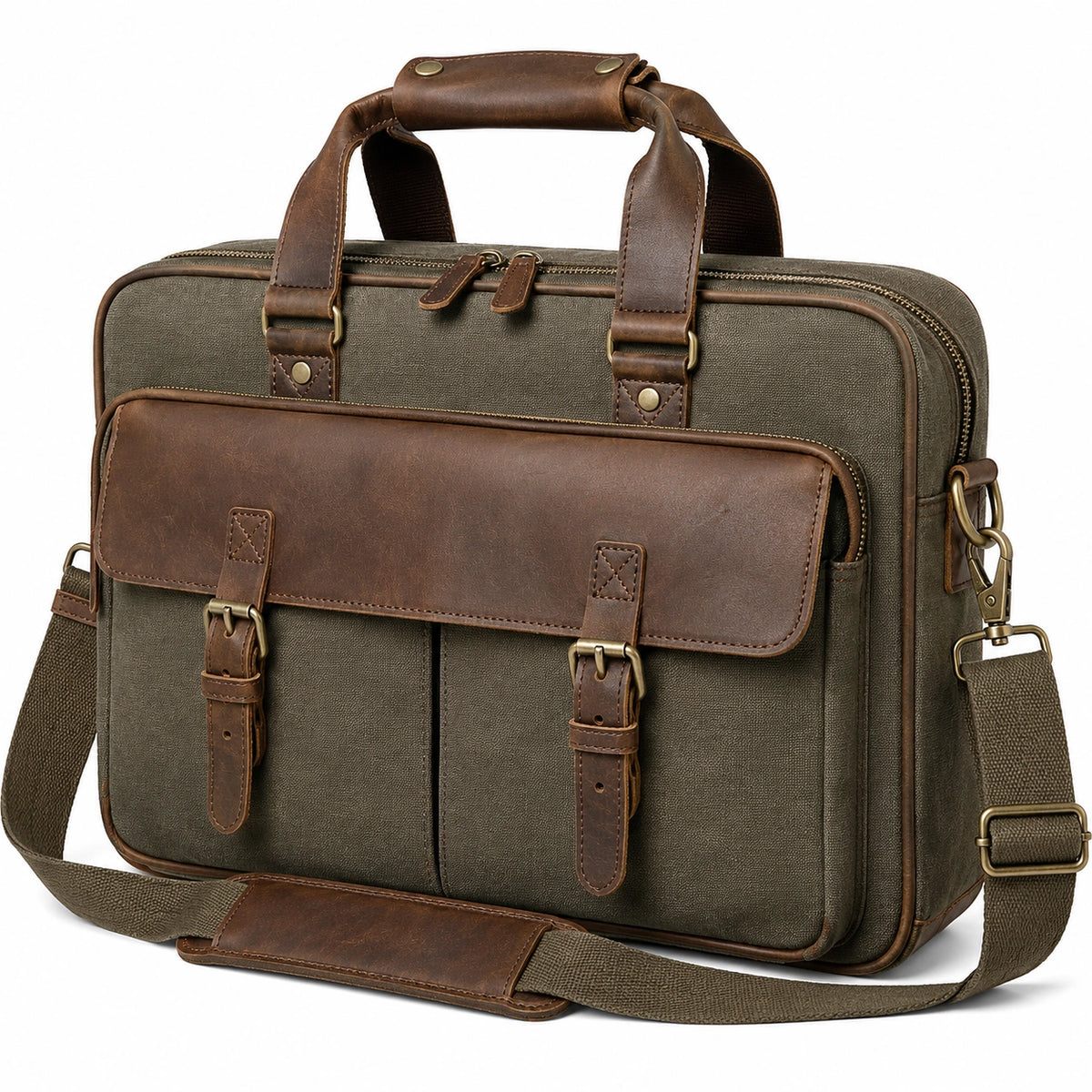 Borsa porta computer 42 cm in tessuto effetto tela e similpelle verde oliva marrone stile vintage con tracolla