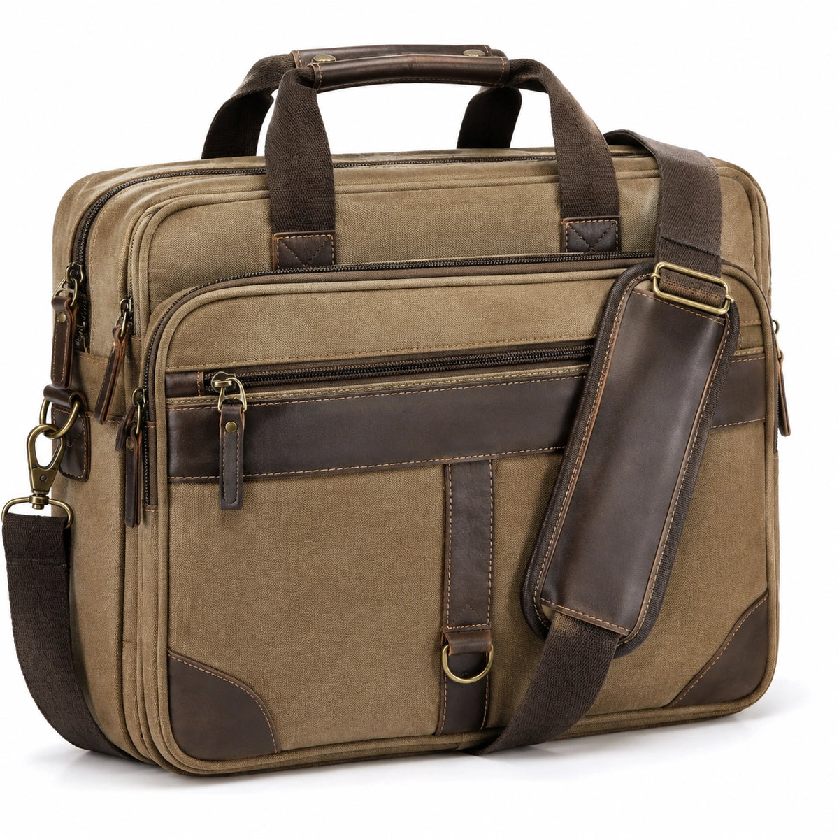 Borsa portadocumenti 40 x 30 x 10 cm in tela beige e similpelle marrone - multitasche a tracolla