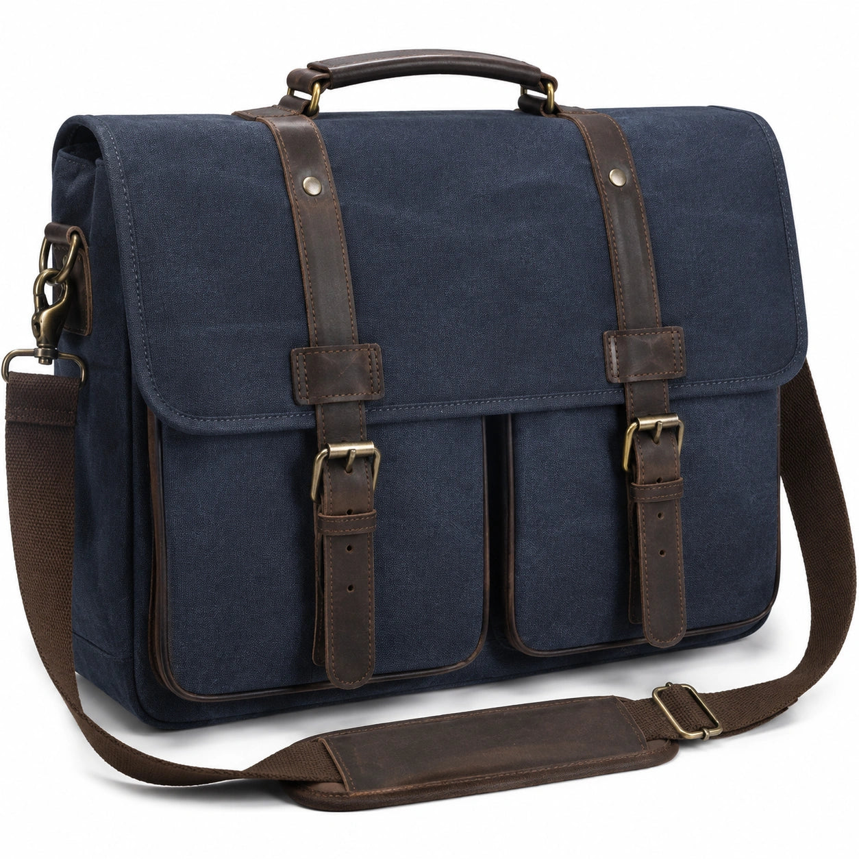Borsa messenger 40 x 30 x 12 cm in tela blu con dettagli marroni per lavoro e ufficio