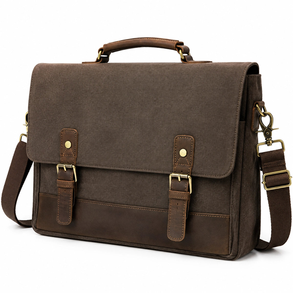 Borsa a tracolla messenger 40 cm in tela marrone con inserti effetto pelle stile vintage
