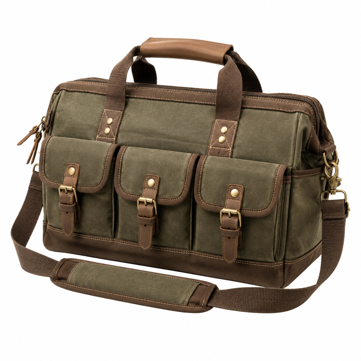 Borsa da viaggio 42 x 20 x 28 cm in tela verde e marrone con tracolla e tasche