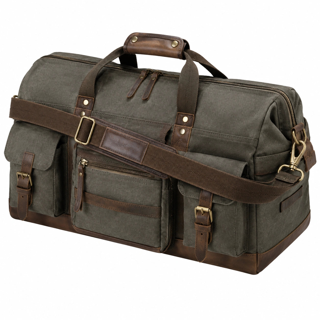 Borsa da viaggio 55 cm in tessuto verde oliva e dettagli marroni stile vintage