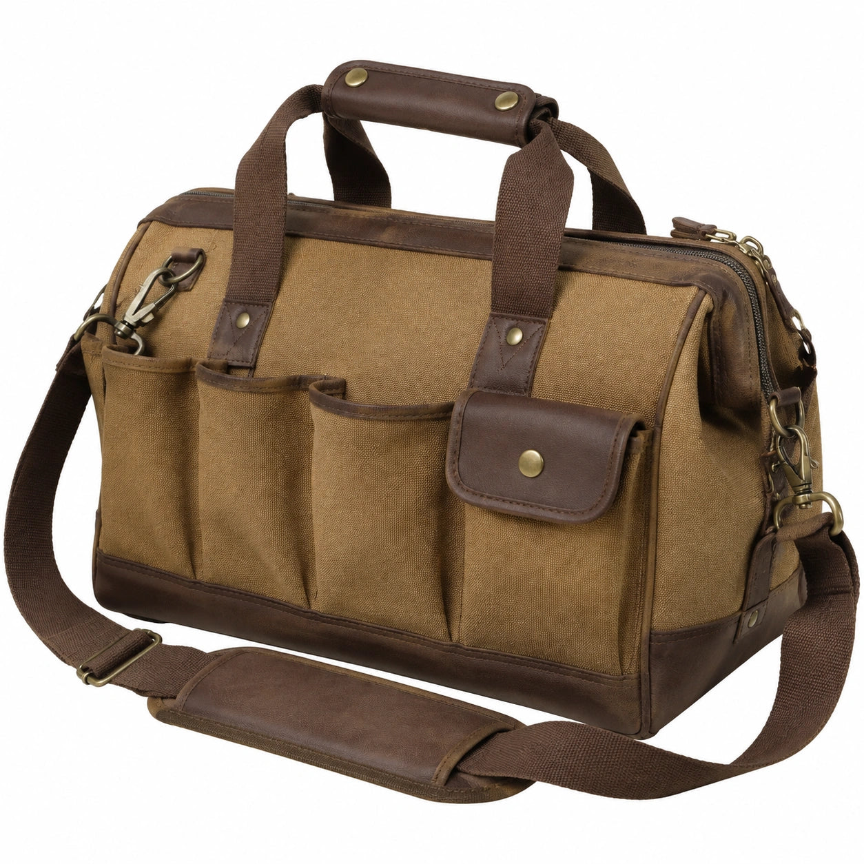Borsa da viaggio 45 cm in tessuto marrone con finiture effetto pelle e tracolla regolabile