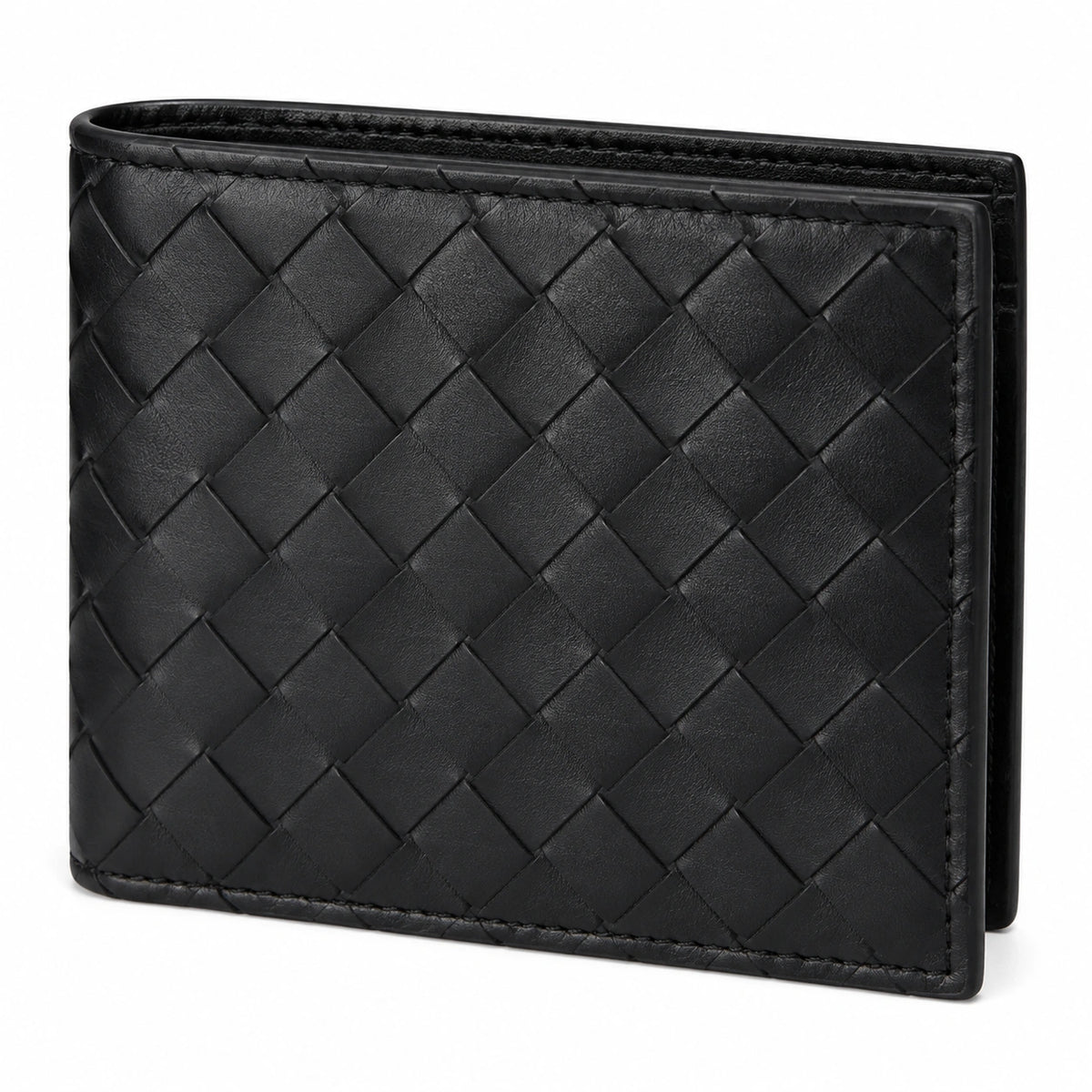 Portafoglio pieghevole 11 x 9 cm nero in pelle intrecciata stile classico