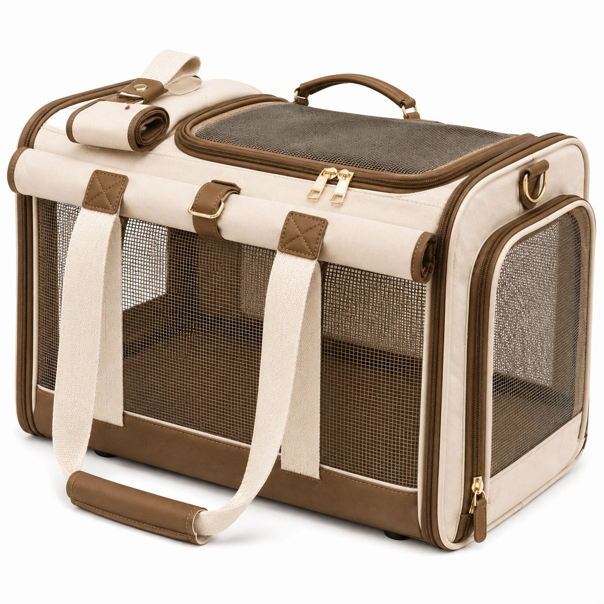 Trasportino per animali 50 x 30 x 32 cm in tessuto beige e marrone con rete e tracolla
