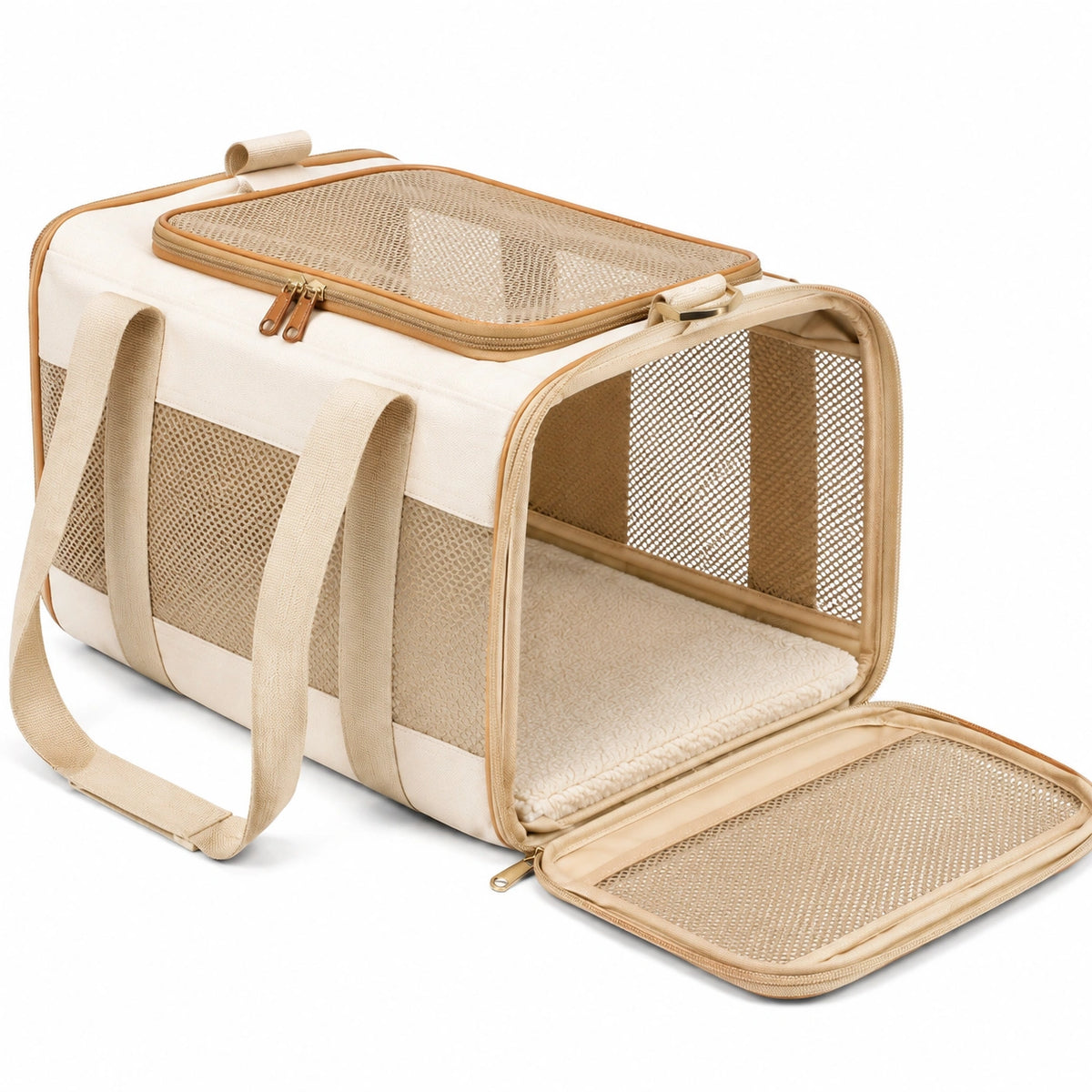 Trasportino per animali 45 x 28 x 28 cm in tessuto e rete beige con tracolla