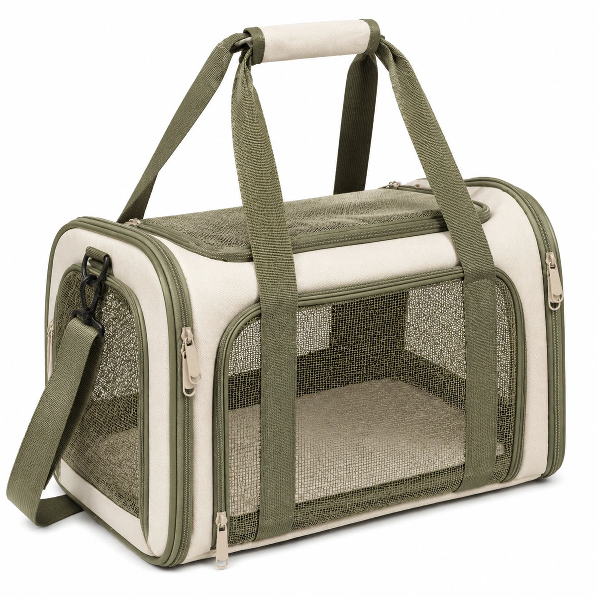Trasportino per animali 45 x 28 x 28 cm in tessuto beige e verde con rete ventilata