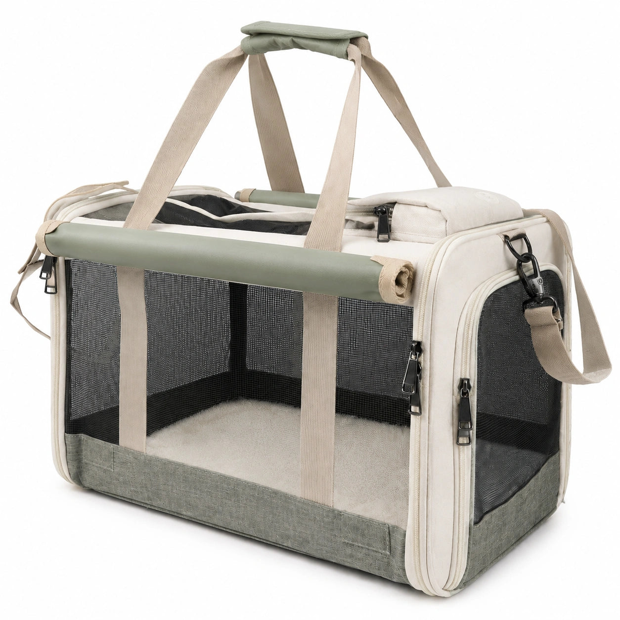 Trasportino per animali 50 x 30 x 32 cm in tessuto beige e verde con rete pieghevole
