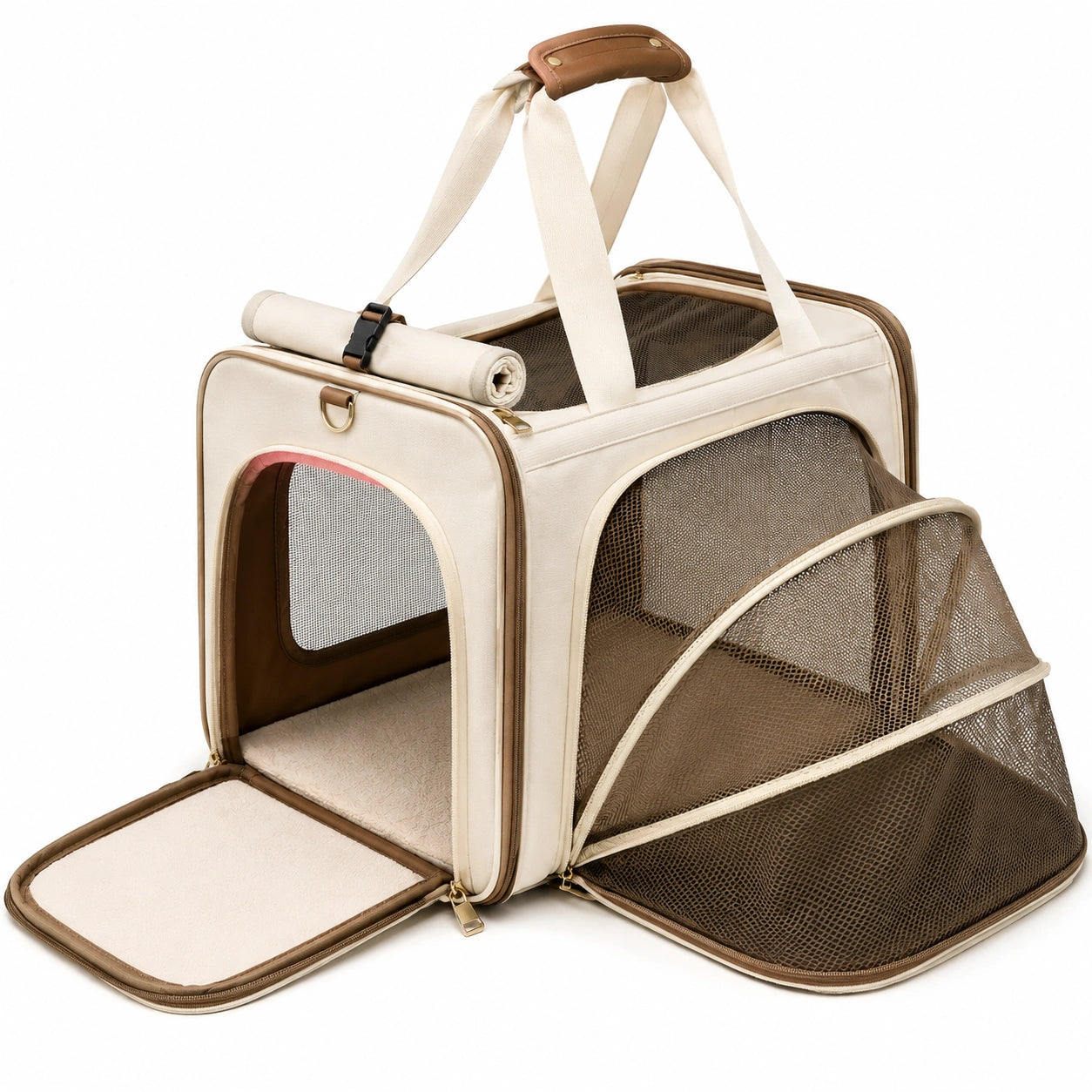 Trasportino per animali 45 x 28 x 30 cm in tessuto beige e marrone con rete espandibile