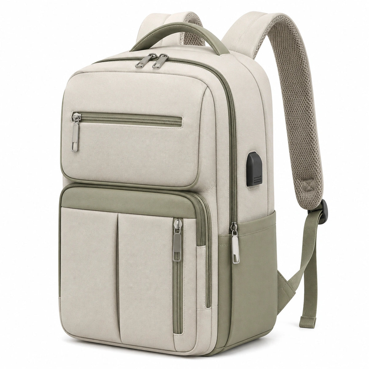 Zaino 30 x 16 x 45 cm in tessuto beige e verde con tasche multiple per uso quotidiano