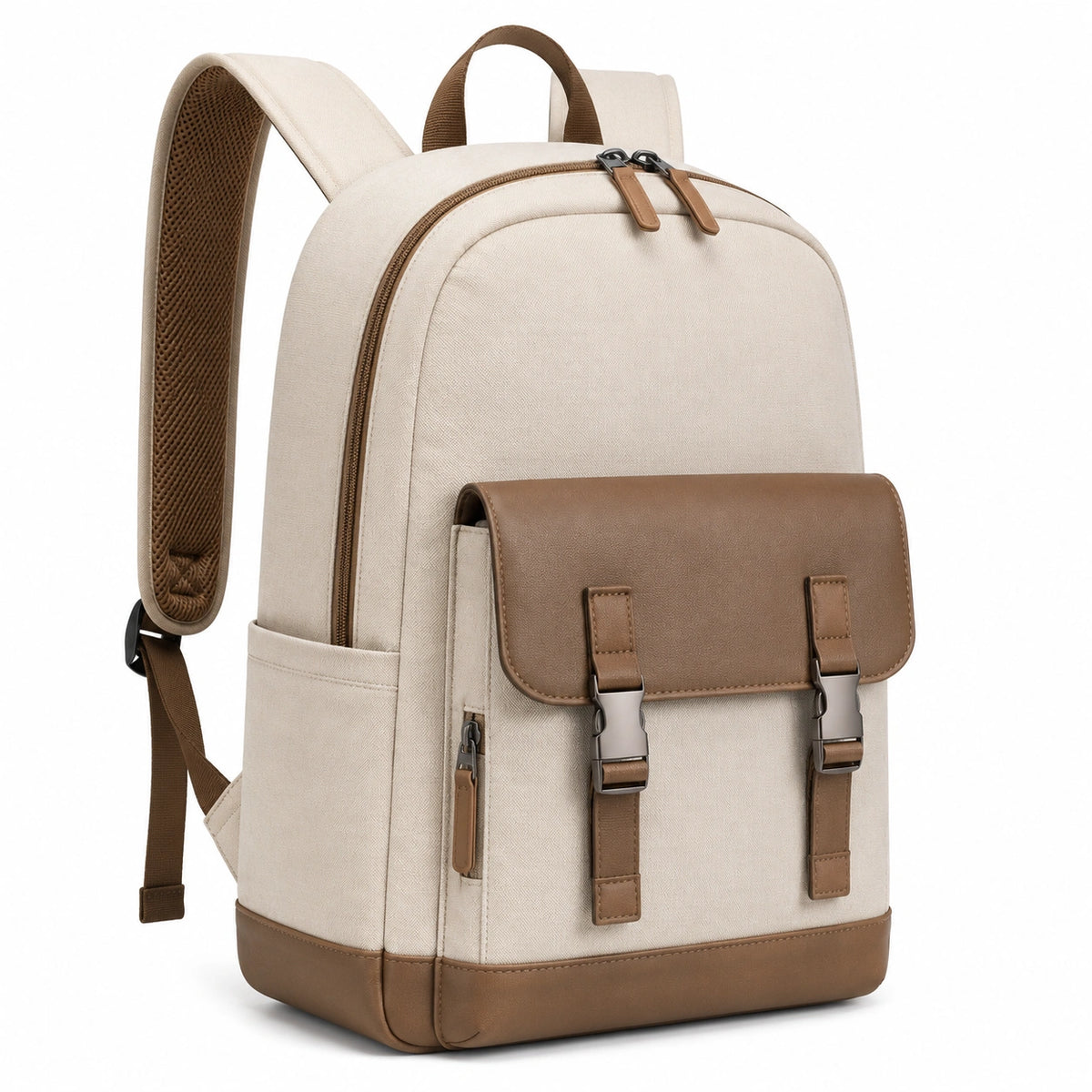 Zaino 30 x 15 x 42 cm in tessuto beige e marrone con tasca frontale per uso quotidiano
